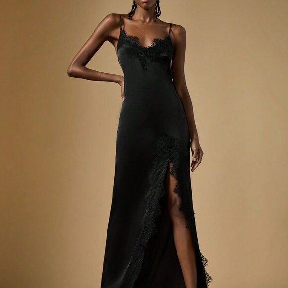 Black Preppy Women's Cold Shoulder Spaghetti Strap High Slit Lace Dress - Picture 6 of 7